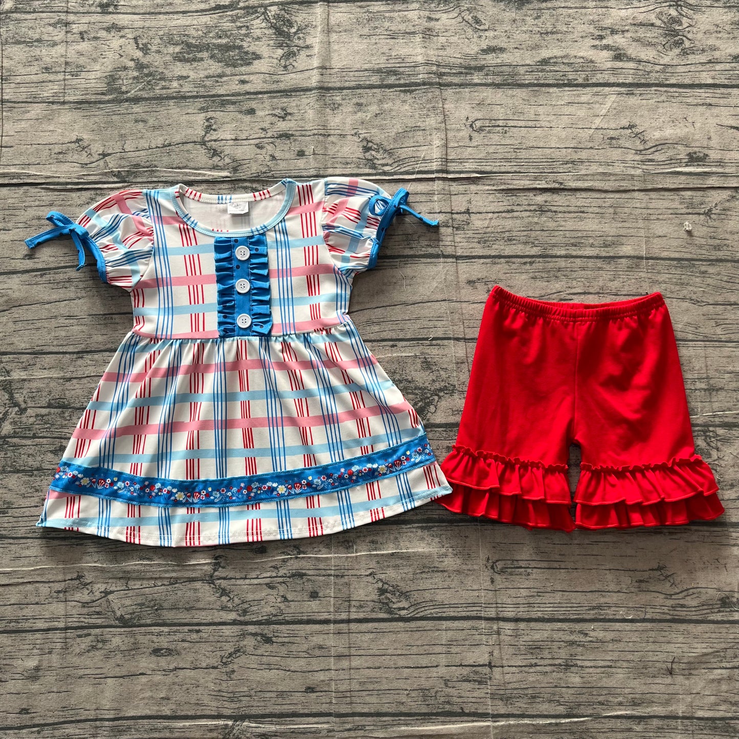 Baby Girls Red Blue Checked Button Tunic Ruffle Shorts July 4th Clothes Sets