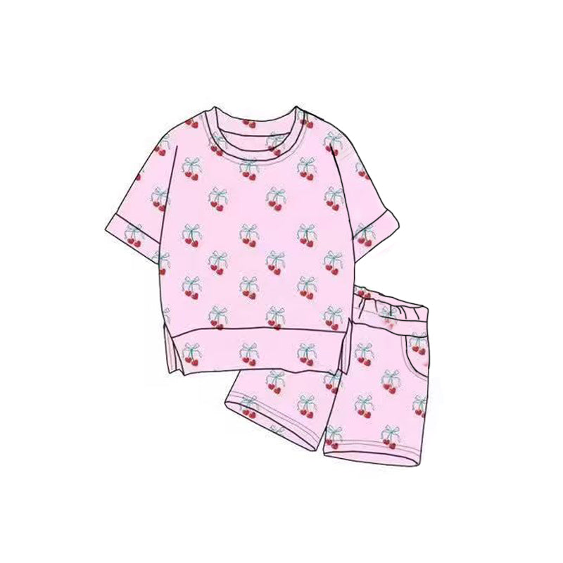 Baby Girls Pink Bows Cherry Plaid Top Pockets Shorts Clothes Sets Preorder