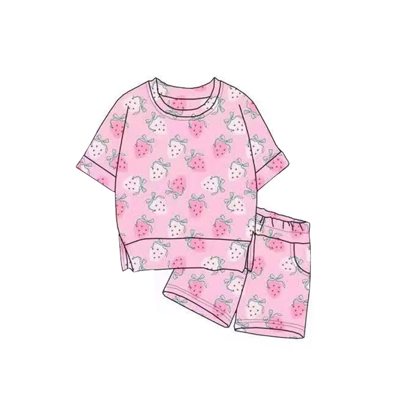 Baby Girls Pink Bows Strawberry Top Pockets Shorts Clothes Sets Preorder