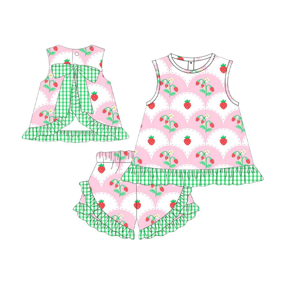 Baby Girls Strawberry Back Bows Tunic Ruffle Shorts Clothes Sets Preorder