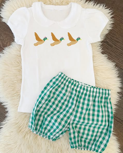Baby Girls Ducks Collar Shirts Green Checked Shorts Clothes Sets Preorder