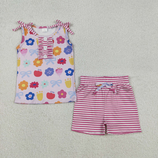 Sibling Baby Girls Sleeveless Flowers Smiles Checked Bows Top Shorts Clothes Sets