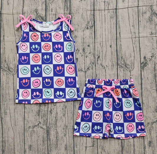 Baby Girls Colorful Smiles Checked Top Pockets Shorts Clothes Sets