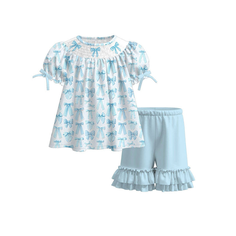 Baby Girls Blue Bows Plaid Tunic Ruffle Shorts Clothes Sets Preorder