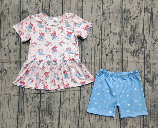 Baby Girls Bows Boots Stars Tunic Shorts Western July 4th Clothes Sets