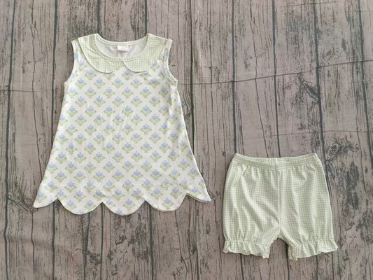 Baby Girls Flowers Plaid Collar Tunic Ruffle Shorts Clothes Sets