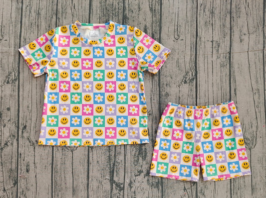 Baby Girls Colorful Smile Flowers Checked Pockets Shorts Clothes Sets
