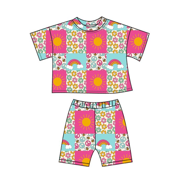 Baby Girls Smile Flowers Suns Checked Pockets Shorts Clothes Sets Preorder