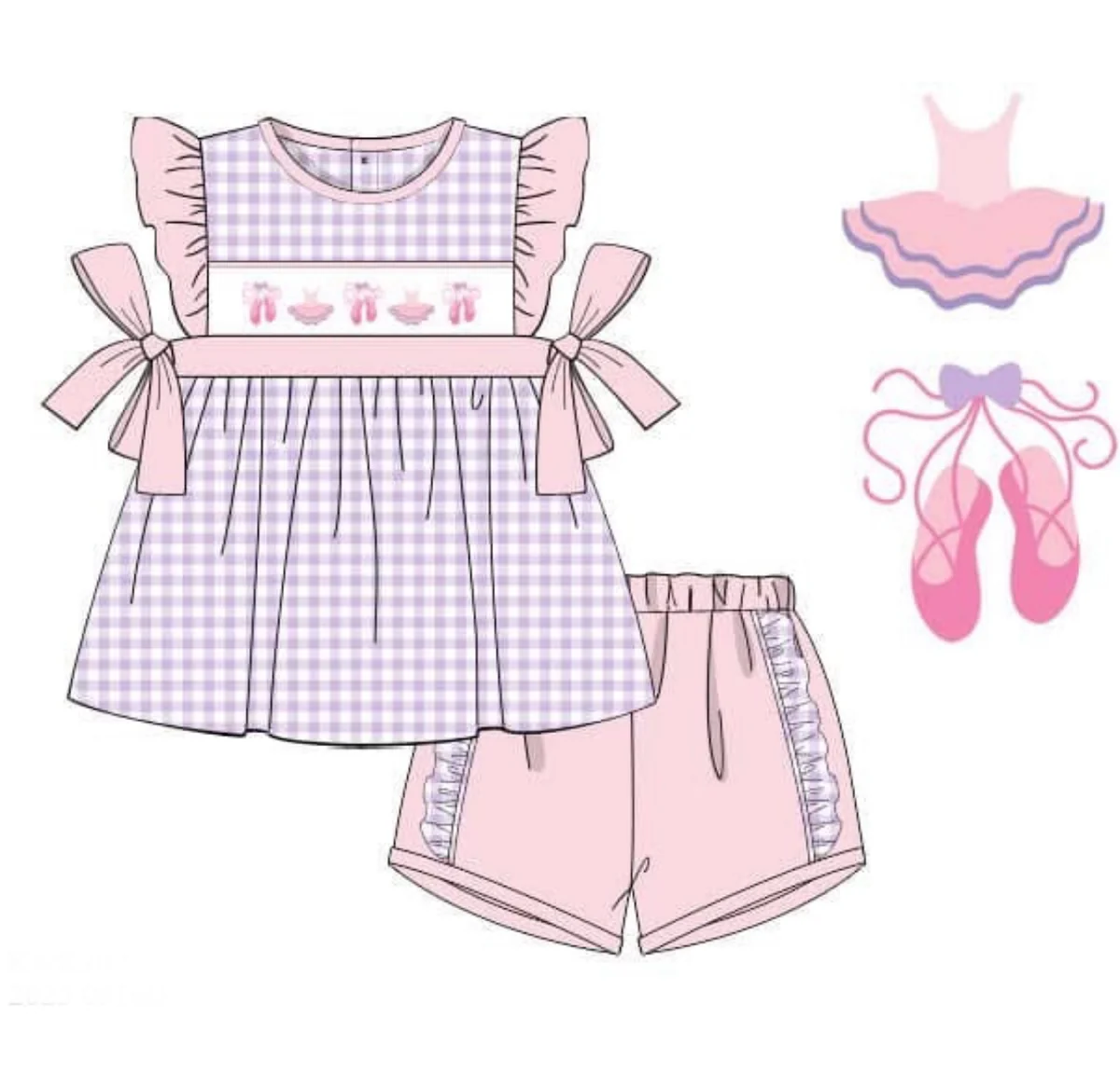 Baby Girls Pink Checked Dance Shoes Tunic Ruffle Shorts Clothes Sets Preorder