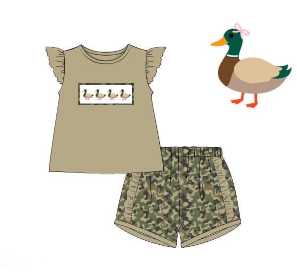 Baby Girls Bows Ducks Tunic Ruffle Shorts Hunting Clothes Sets Preorder