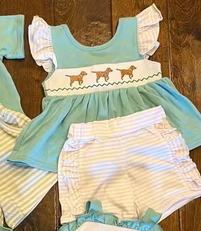 Baby Girls Dogs Tunic Ruffle Stripe Shorts Hunting Clothes Sets Preorder