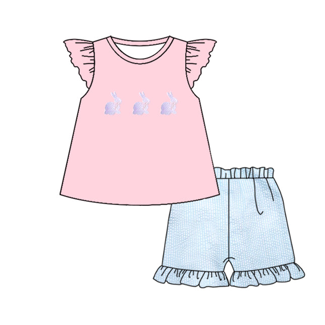 Baby Girls Pink Rabbits Tunic Ruffle Shorts Easter Clothes Sets Preorder