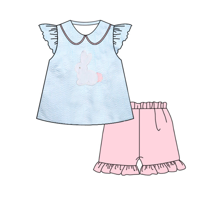 Baby Girls Blue Rabbit Collar Tunic Ruffle Shorts Easter Clothes Sets Preorder