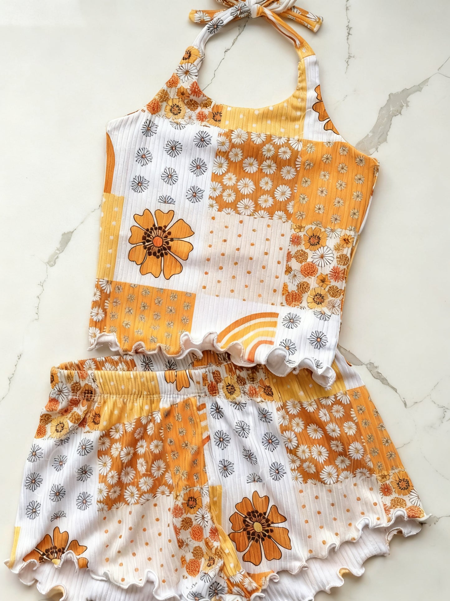 Baby Girls Strap Flowers Checked Top Ruffle Short Clothes Sets Preorder