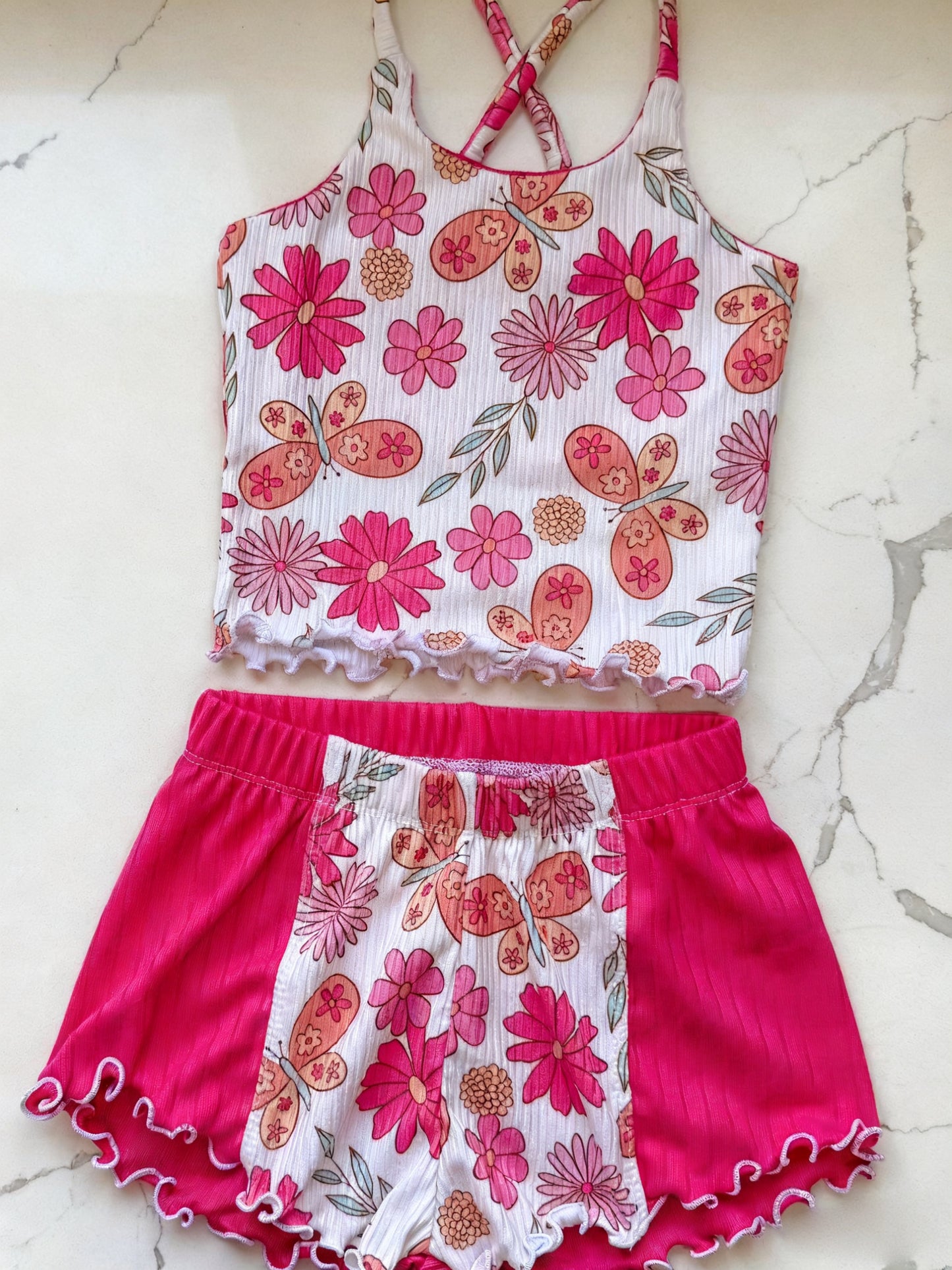 Baby Girls Strap Flowers Butterfly Top Short Clothes Sets Preorder