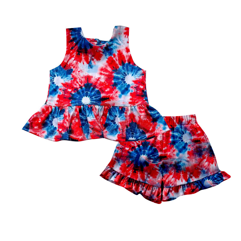 Baby Girls Tie-dye Flowers Tunic Ruffle Shorts 4th of July Clothes Sets Preorder
