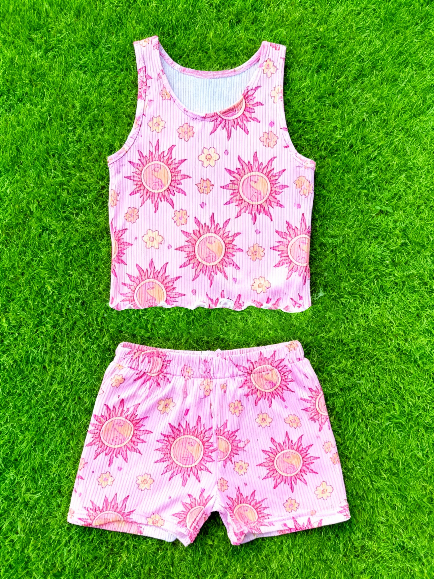 Baby Girls Sleeveless Pink Stripe Sun Flowers Top Shorts Clothes Sets Preorder