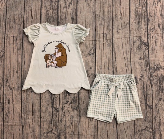Baby Girls Cartoon Monkeys Scallop Tunic Checked Pockets Shorts Clothes Sets