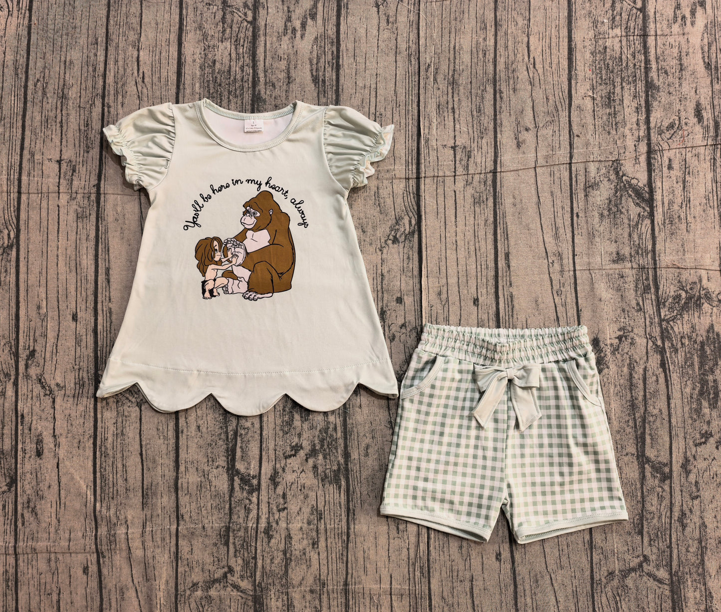 Baby Girls Cartoon Monkeys Scallop Tunic Checked Pockets Shorts Clothes Sets