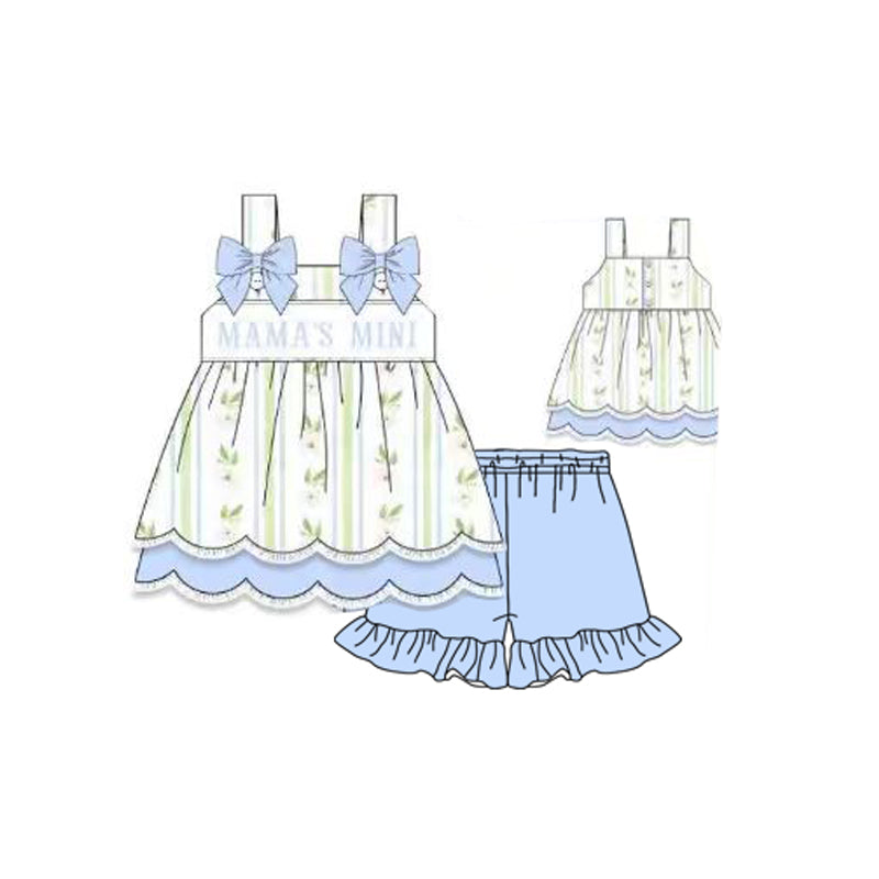 Baby Girls Blue Straps Mama's Mini Tunic Ruffle Shorts Clothes Sets Preorder