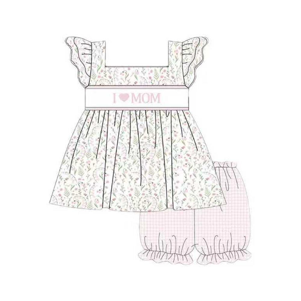 Baby Girls Pink I Love Mom Floral Tunic Checked Ruffle Shorts Clothes Sets Preorder