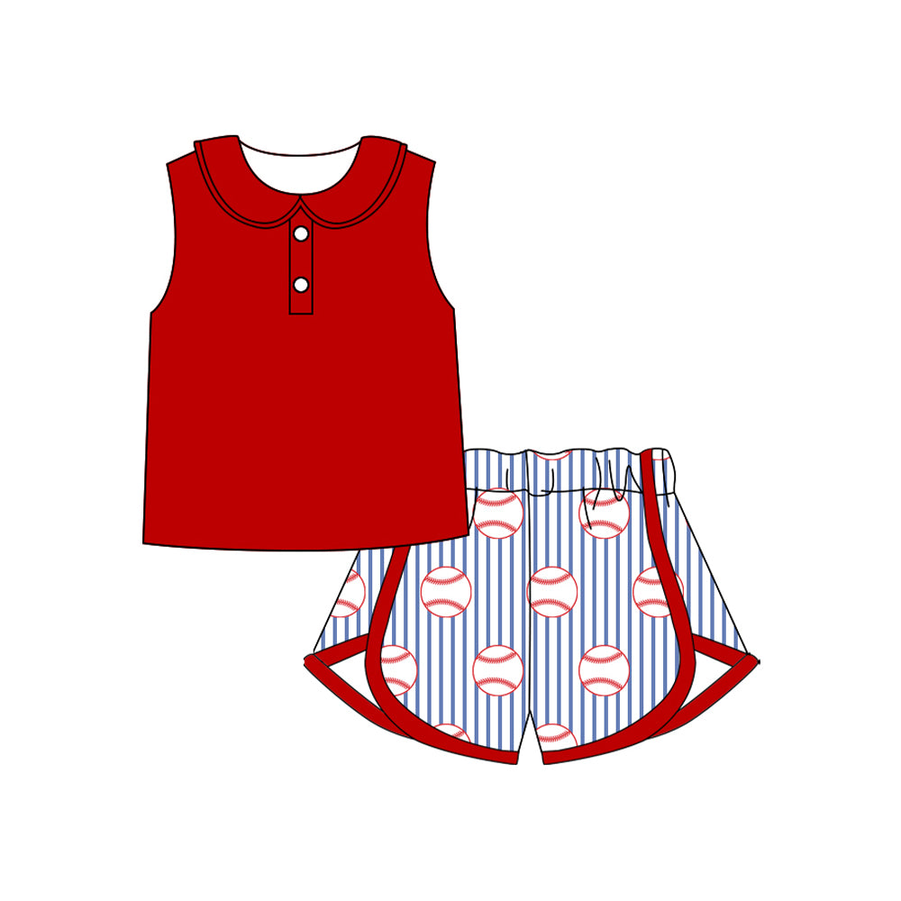Baby Girls Button Collar Top Baseballs Stripe Shorts Team Clothes Sets Preorder