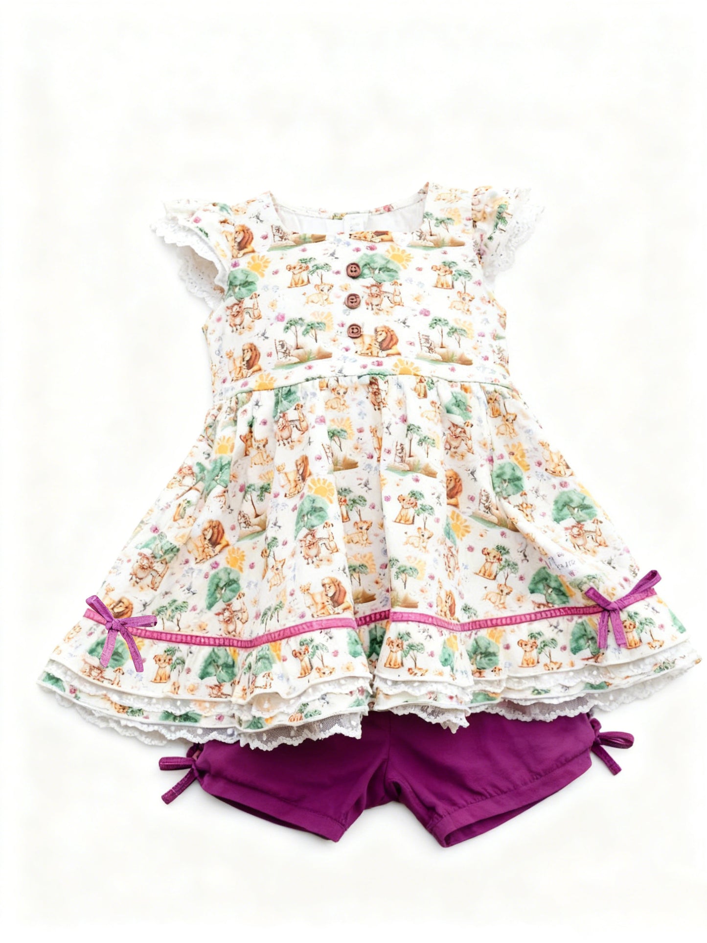 Baby Girls Cartoon Lions Animals Button Button Ruffle Tunic Shorts Clothes Sets Preorder