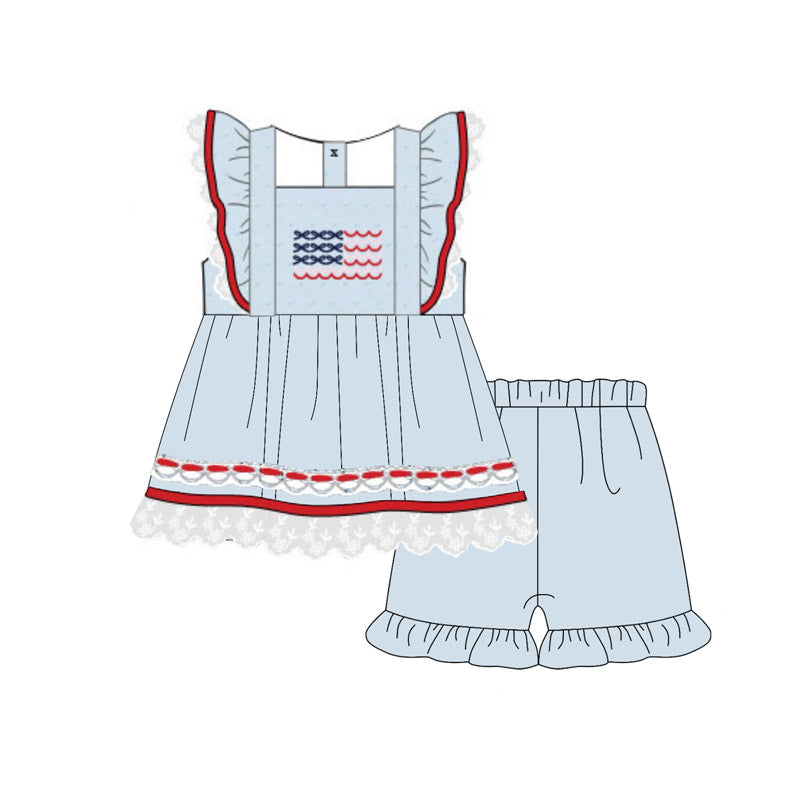 Baby Girls Blue Flutter Sleeve Flags Tunic Ruffle Shorts 4th of July Clothes Sets Preorder