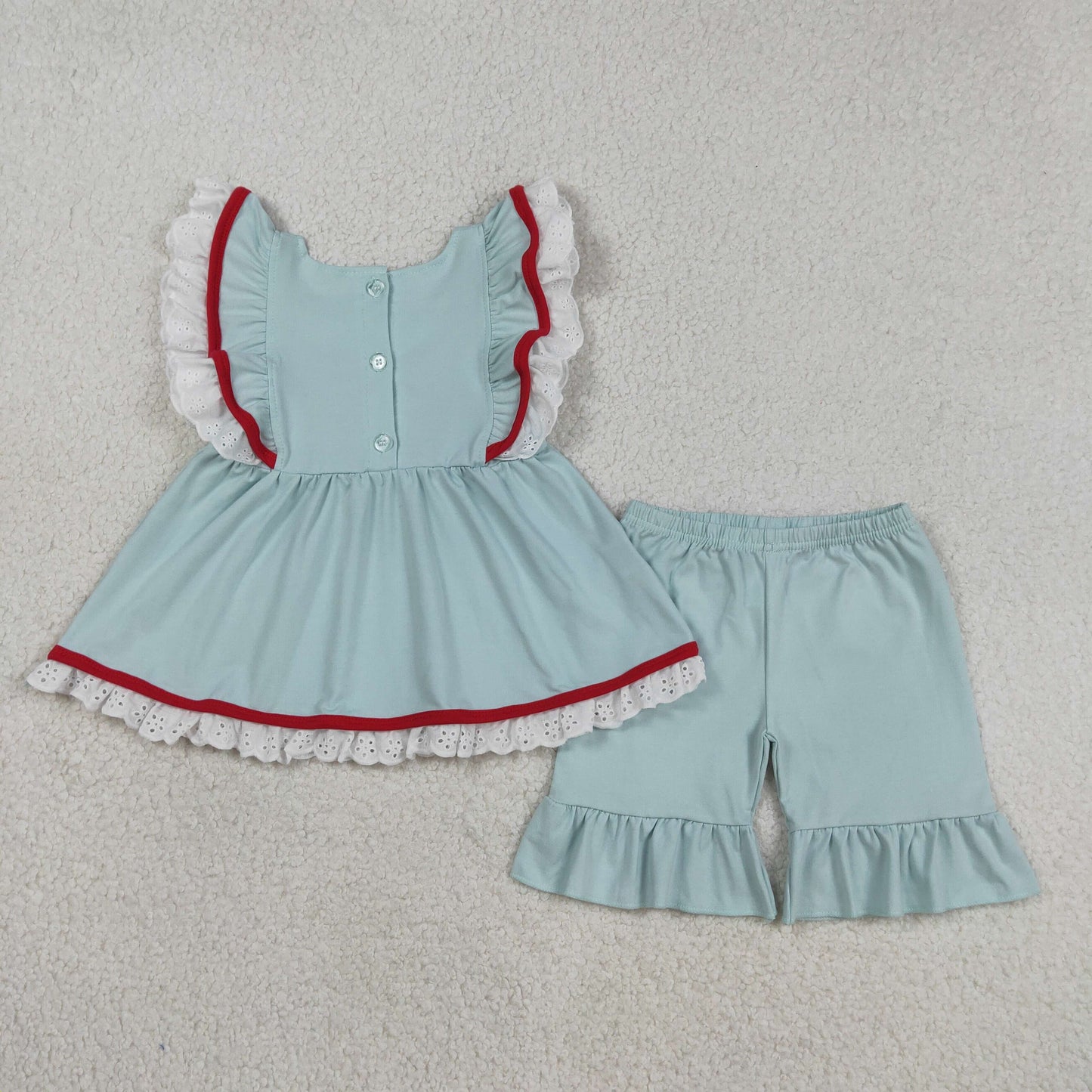 Embroidery Flags Baby Girls Flutter Sleeve Tunic Ruffle Shorts 4th of July Clothes Sets