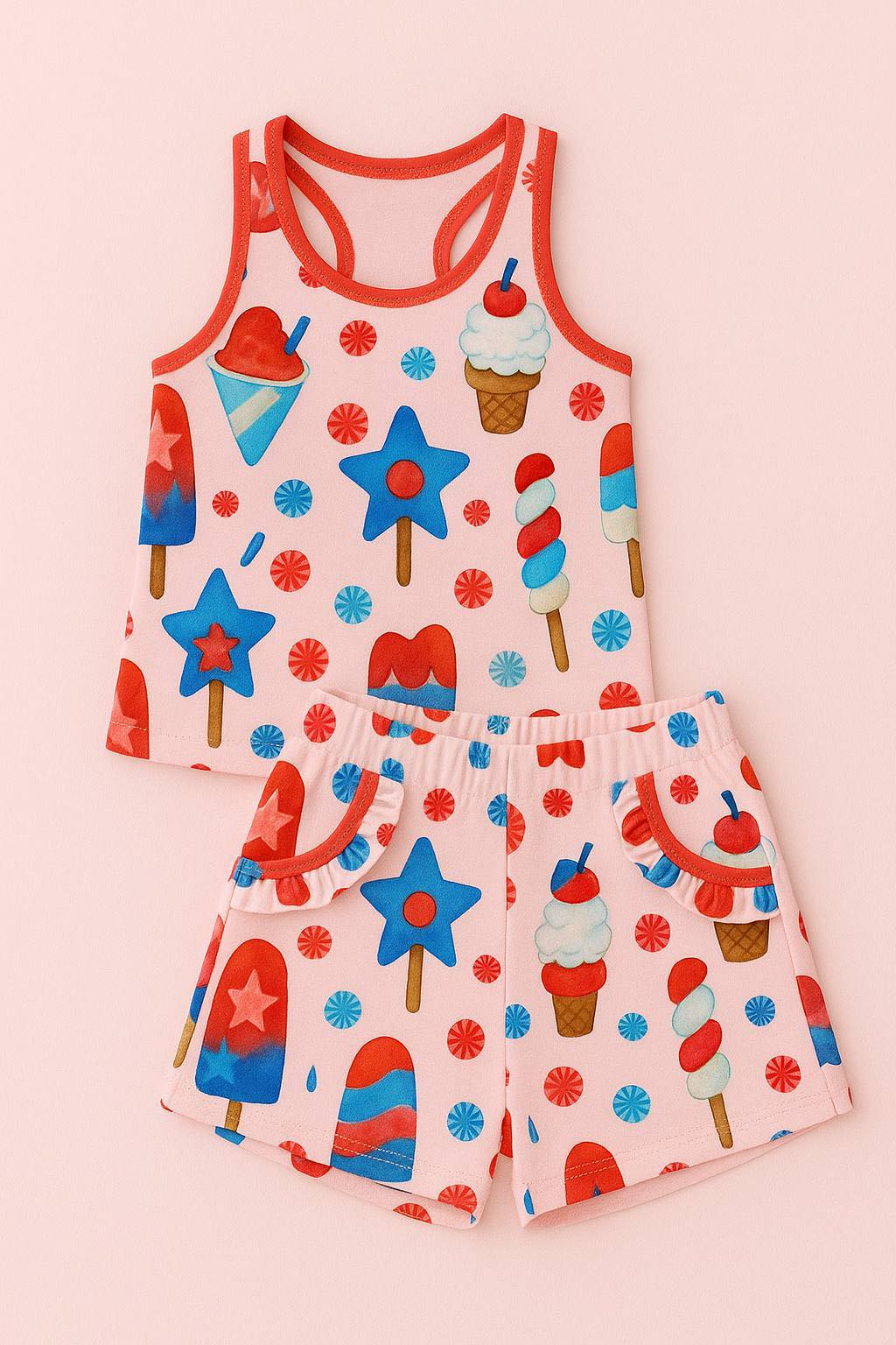 Baby Girls Ice Cream Popsicle Top Pockets Shorts 4th of July Clothes Sets Preorder