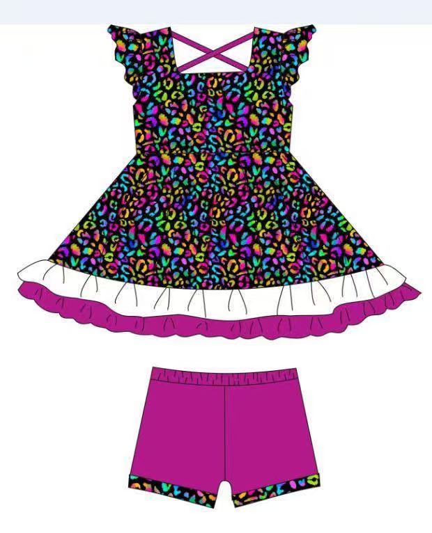 Baby Girls Flutter Sleeve Colorful Leopard Ruffle Tunic Shorts Clothes Sets Preorder