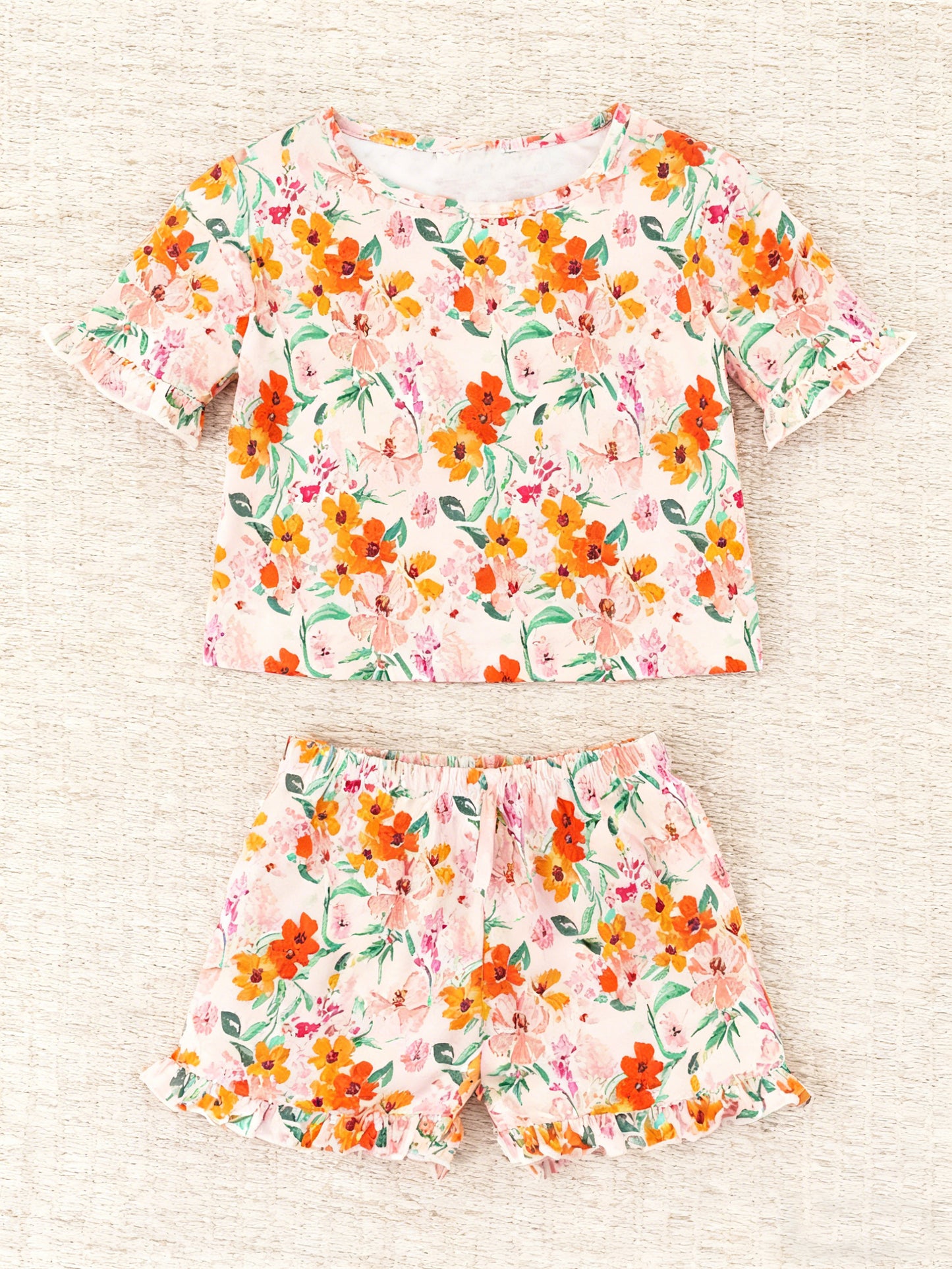 Baby Girls Orange Flowers Top Ruffle Shorts Clothes Sets Preorder