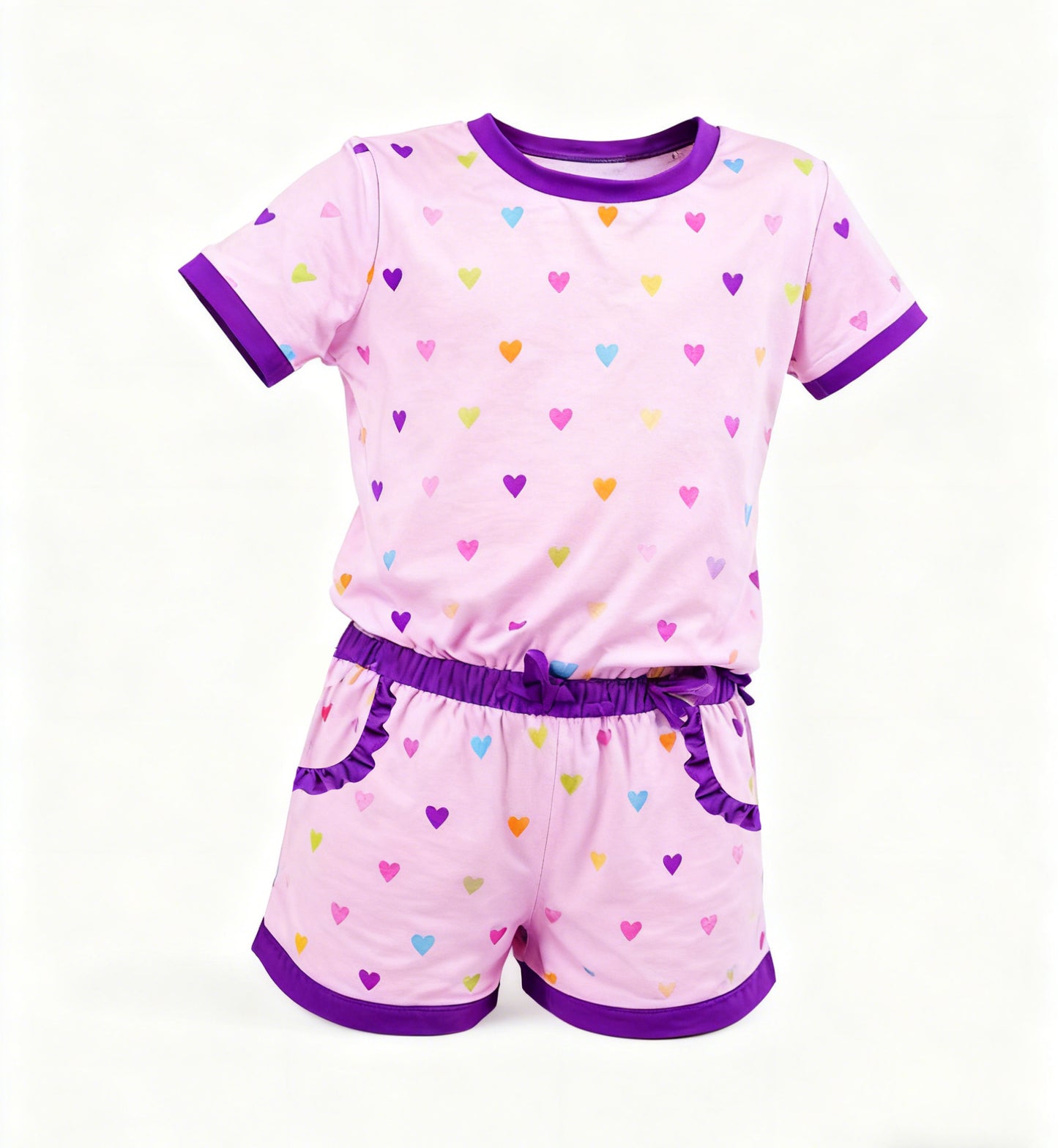 Baby Girls Colorful Hearts Top Pockets Shorts Valentines Clothes Sets Preorder