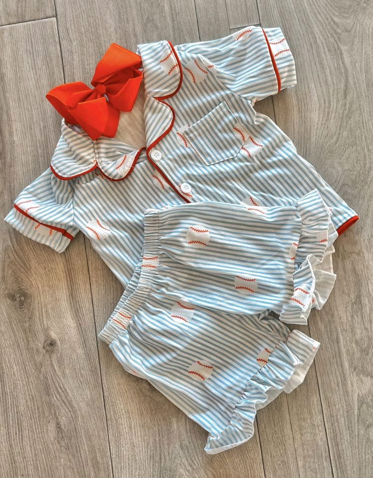 Baby Girls Stripe Baseballs Button Pocket Top Ruffle Shorts Team Pajamas Sets Preorder