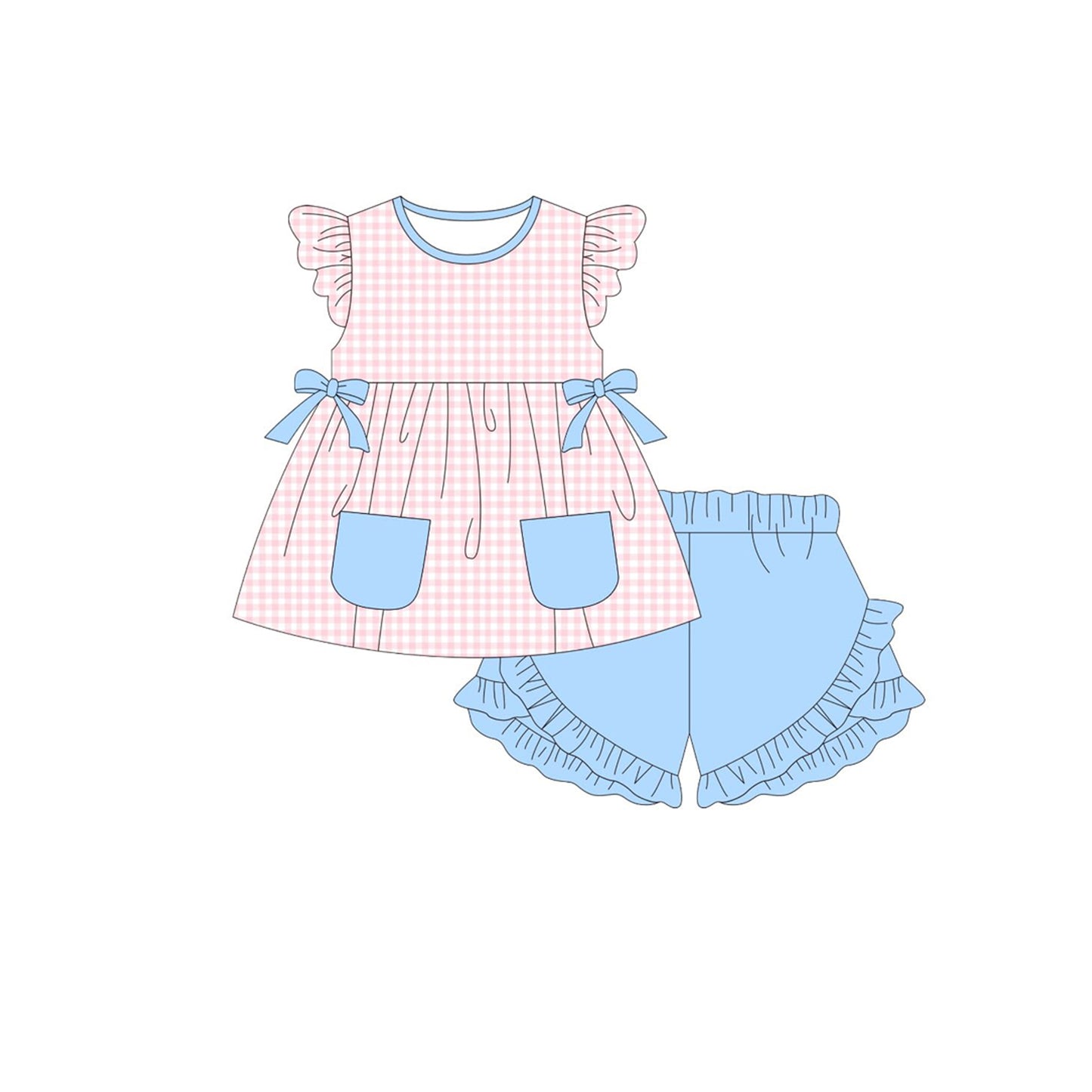 Baby Girls Pink Checked Pockets Bows Tunic Ruffle Shorts Clothes Sets Preorder