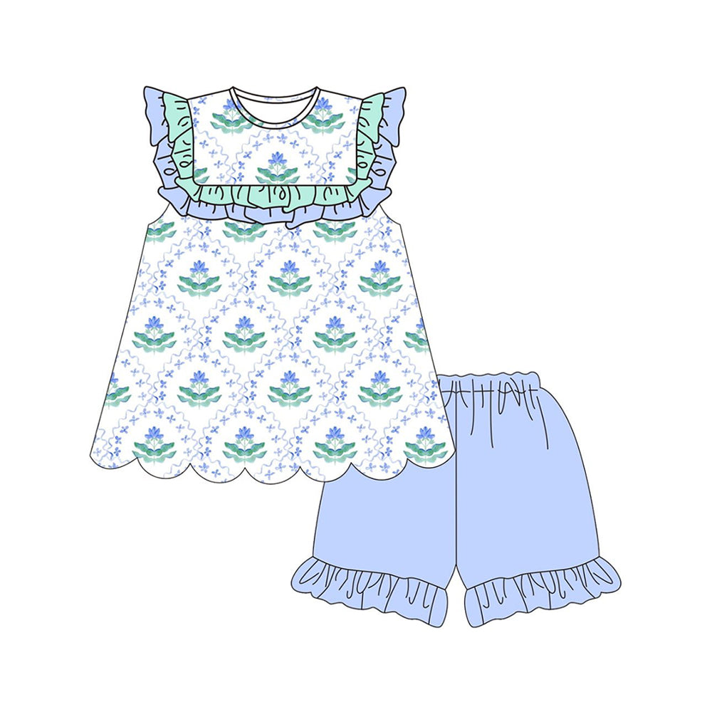Baby Girls Bows Flowers Checked Tunic Ruffle Shorts Clothes Sets Preorder