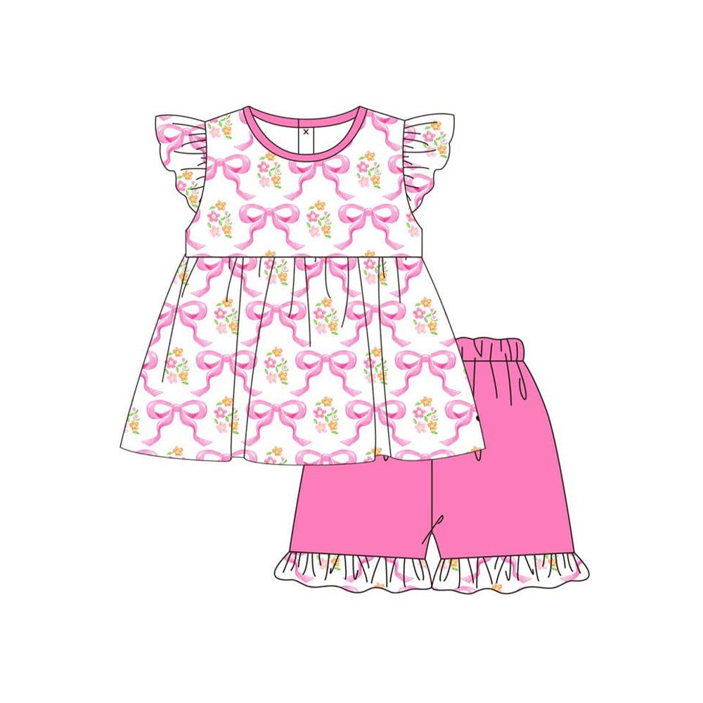 Baby Girls Pink Bows Flowers Tunic Ruffle Shorts Clothes Sets Preorder