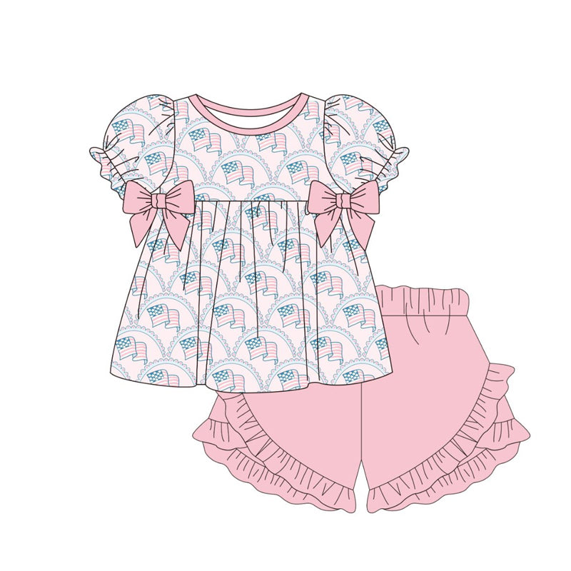 Baby Girls Flags Checked Bows Tunic Ruffle Shorts 4th of July Clothes Sets Preorder