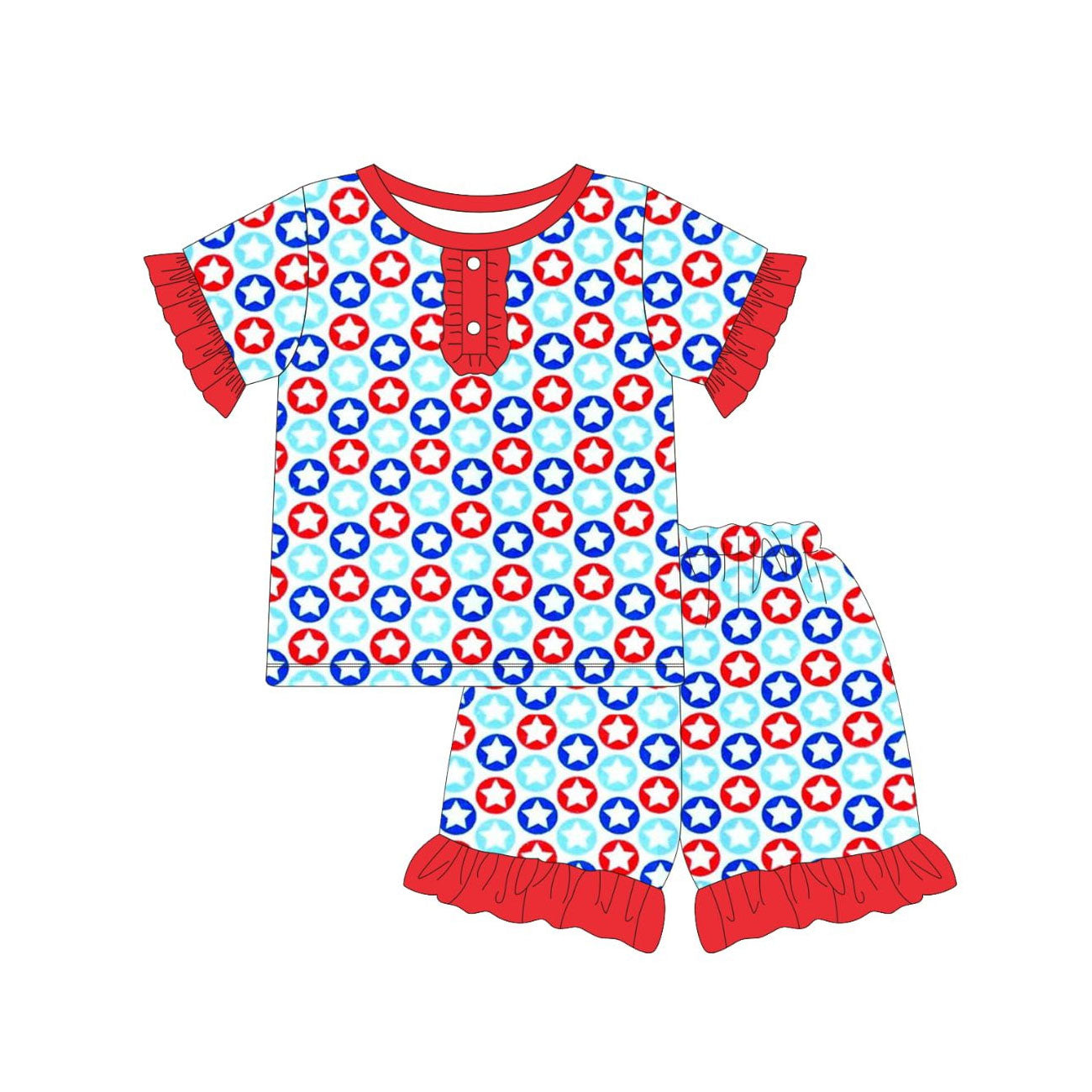 Baby Girls Red Blue Stars Button Top Ruffle Shorts 4th of July Pajamas Sets Preorder
