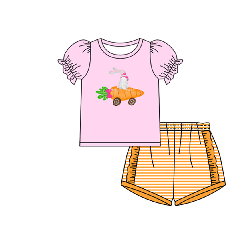 Baby Girls Rabbit Carrots Top Stripe Ruffle Shorts Easter Clothes Sets Preorder