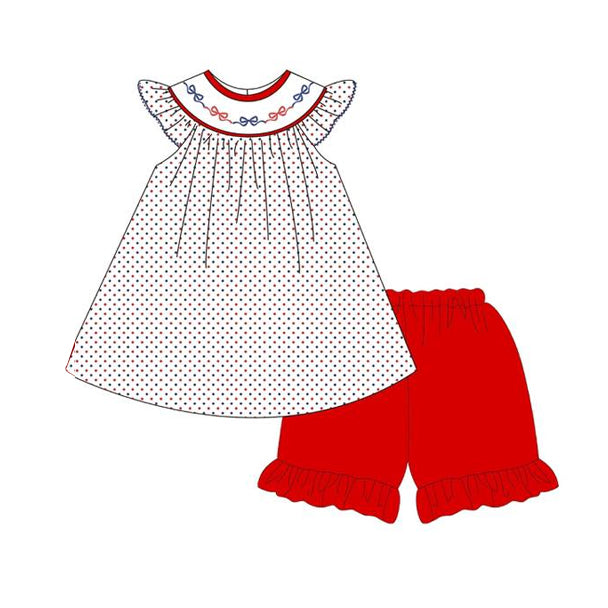 Baby Girls Blue Red Bows Polka Dots Tunic Ruffle Shorts 4th of July Clothes Sets Preorder