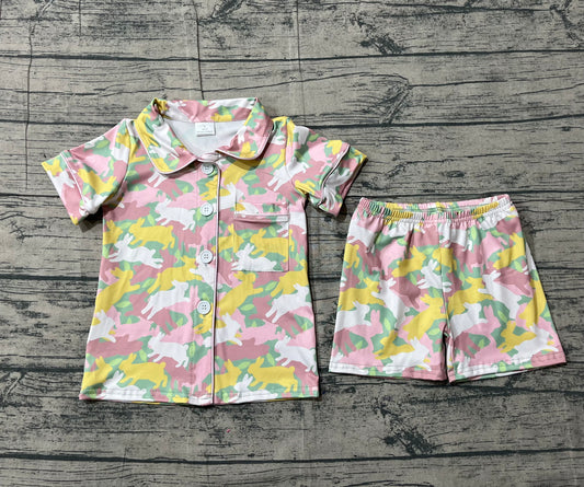 Baby Girls Rabbits Camo Button Pocket Top Shorts Easter Pajamas Sets