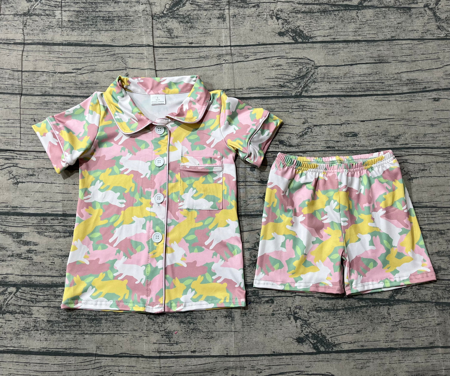 Baby Girls Rabbits Camo Button Pocket Top Shorts Easter Pajamas Sets