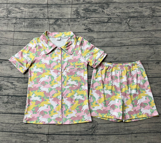 Adult Women Rabbits Camo Button Pocket Top Shorts Easter Pajamas Set