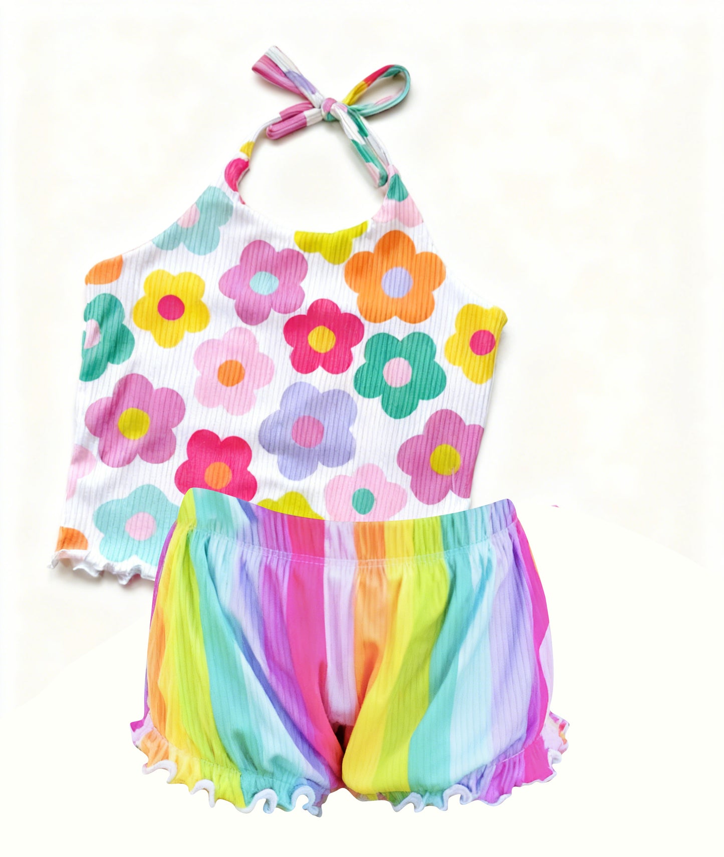 Baby Girls Strap Colorful Flowers Top Stripe Ruffle Shorts Clothes Sets Preorder