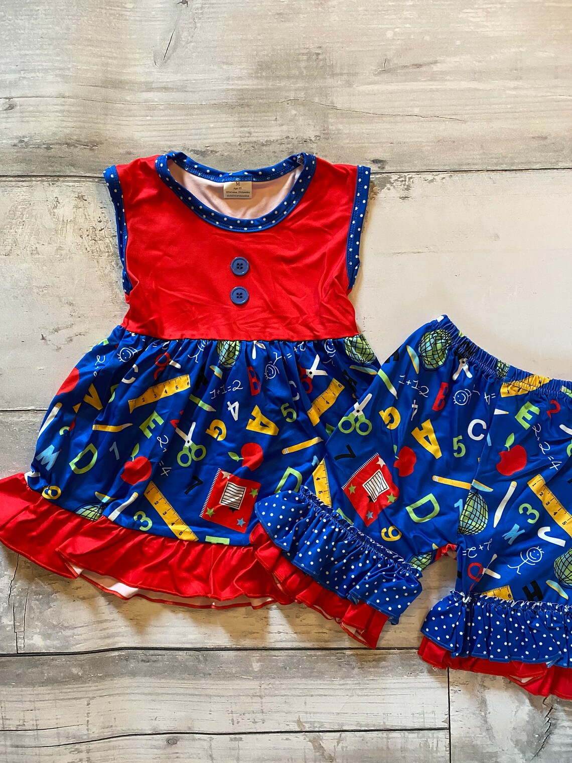 Baby Girls Pencil Apples Button Tunic Ruffle Shorts Back to School Clothes Sets Preorder