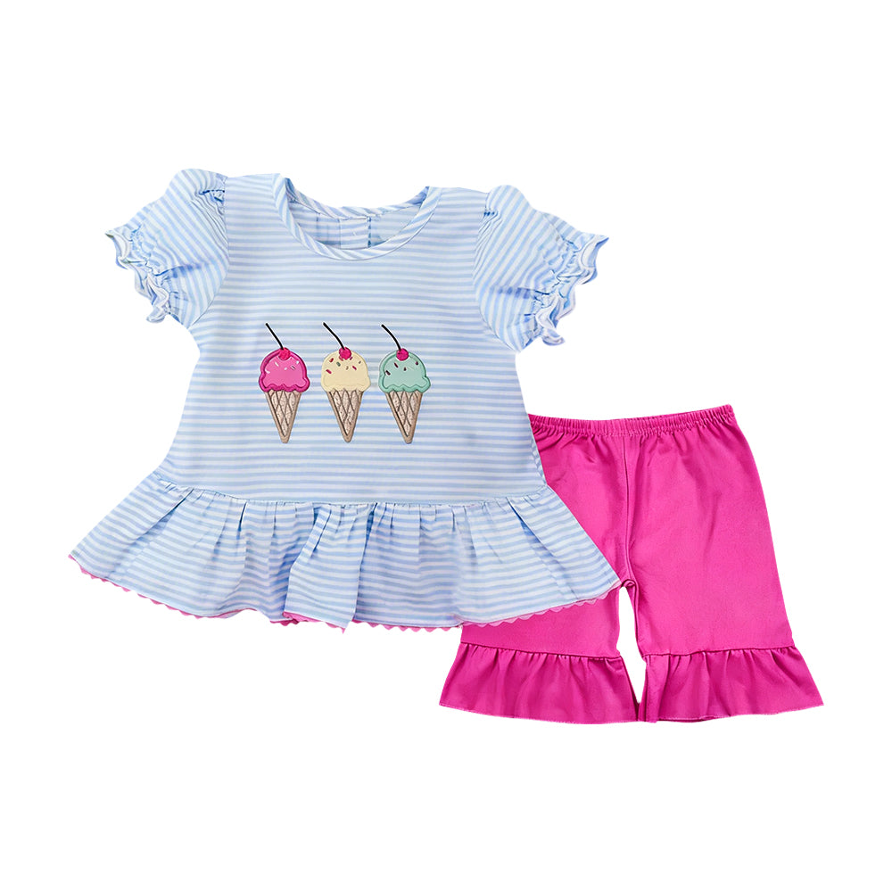Baby Girls Blue Stripe Ice Cream Tunic Ruffle Shorts Clothes Sets Preorder