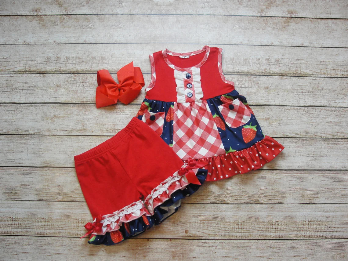 Baby Girls Strawberry Polka Dots Pockets Button Tunic Ruffle Shorts Clothes Sets Preorder