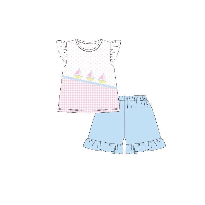 Baby Girls Flutter Sleeve Boat Polka Dots Tunic Ruffle Shorts Clothes Sets Preorder