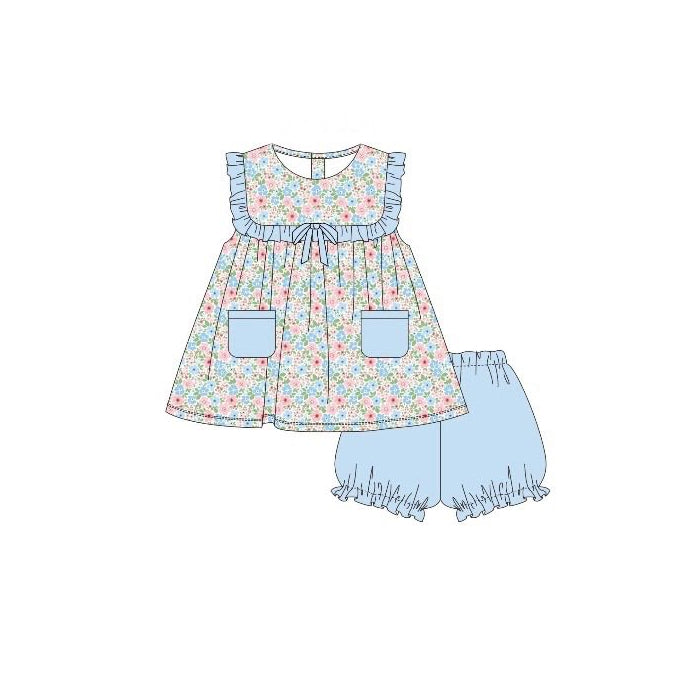 Baby Girls Flowers Pockets Tunic Ruffle Shorts Clothes Sets Preorder